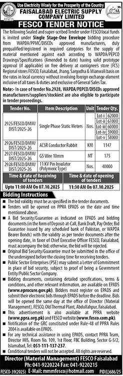 Faisalabad Electric Supply Company Limited Tender Notice 1